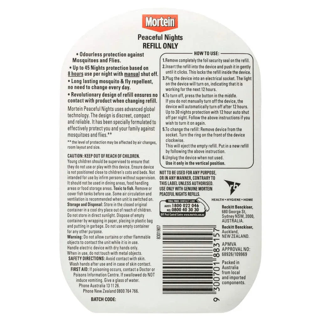 Mortein Peaceful Nights Automatic Plug in Refill Mosquito & Fly Repellent 2.57ml