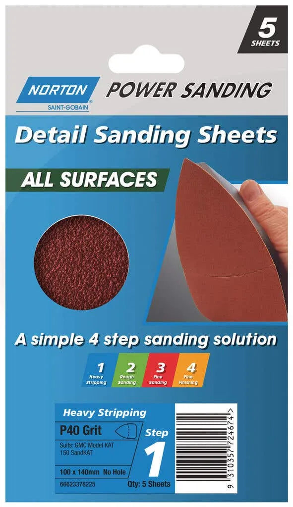 Norton All Surface Detail Sanding Sheet Step 1 100 x 140mm P40 - 5 Pack