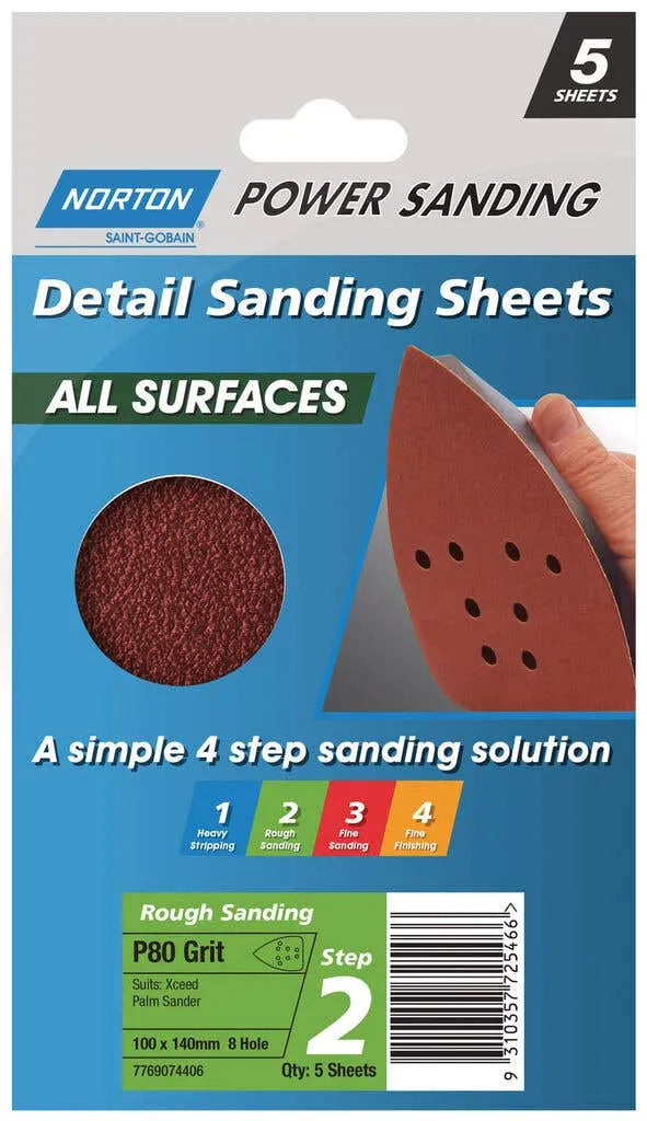 Norton All Surface Detail Sanding Sheet Step 2 100 x 140mm x 8h P80 - 5 Pack
