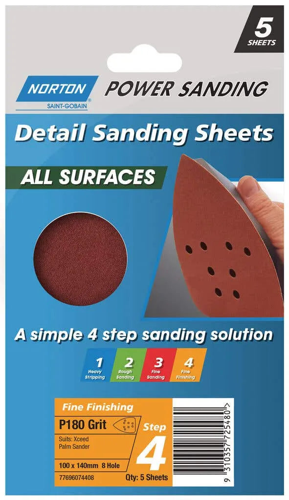 Norton All Surface Detail Sanding Sheet Step 4 100 x 140mm x 8h P180 - 5 Pack