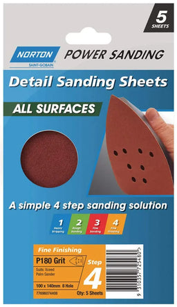 Norton All Surface Detail Sanding Sheet Step 4 100 x 140mm x 8h P180 - 5 Pack
