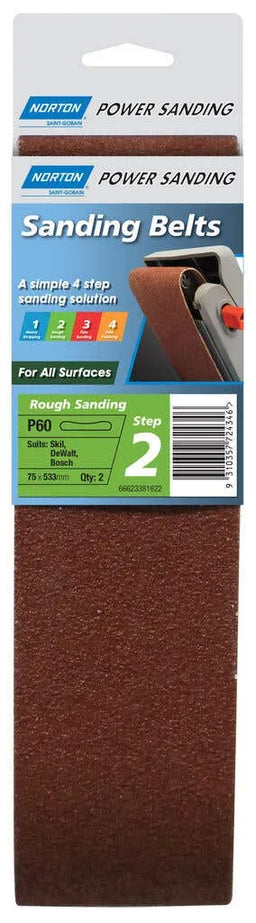 Norton Cloth Sanding Belt P60 Grit 75 x 533mm - 2 Pack