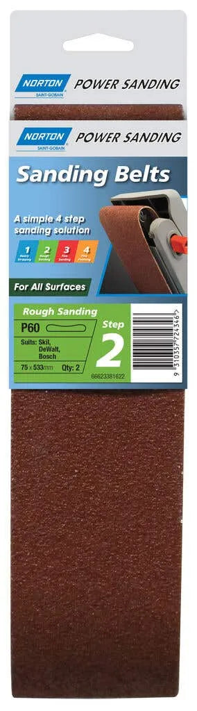 Norton Cloth Sanding Belt P60 Grit 75 x 533mm - 2 Pack