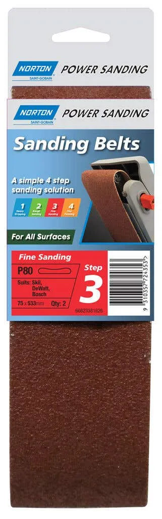 Norton Cloth Sanding Belt Step 3 P80 Grit 75 x 533mm - 2 Pack