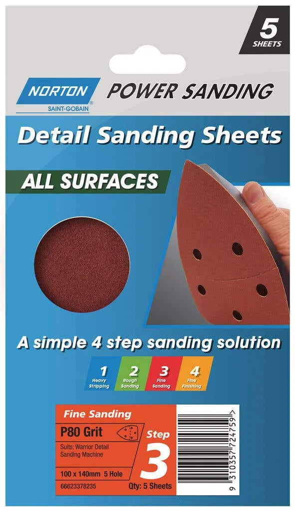 Norton Detail Sanding Sheet P80 Grit 100 x 140mm - 5 Pack