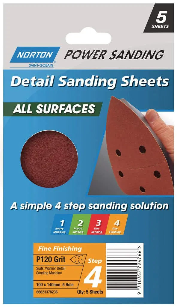 Norton Detail Sheet Fine Speed Grip P120 Grit 140 x 95mm - 5 Pack