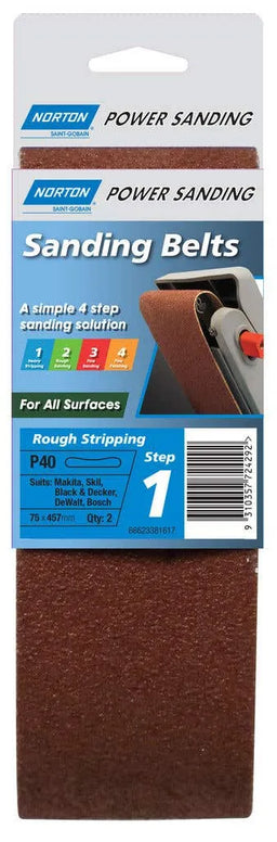 Norton Sanding Belt Cloth P40 Grit 75 x 457mm - 2 Pack