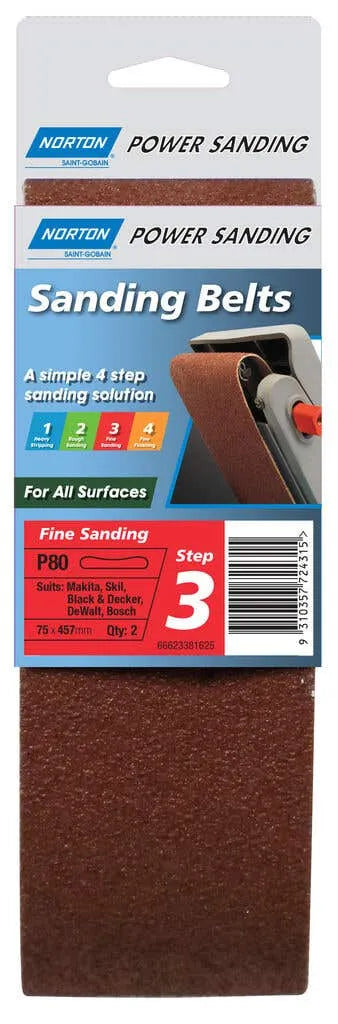 Norton Sanding Belt Cloth P80 Grit 75 x 457mm - 2 Pack