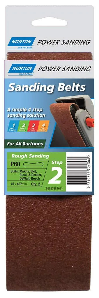 Norton Sanding Belt P60 Grit 75 x 457mm - 2 Pack