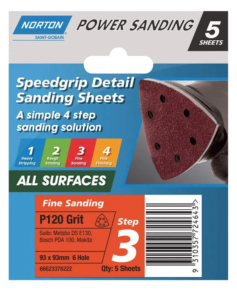 Norton Sanding Sheet 6H P120 Grit 93 x 93mm - 5 Pack