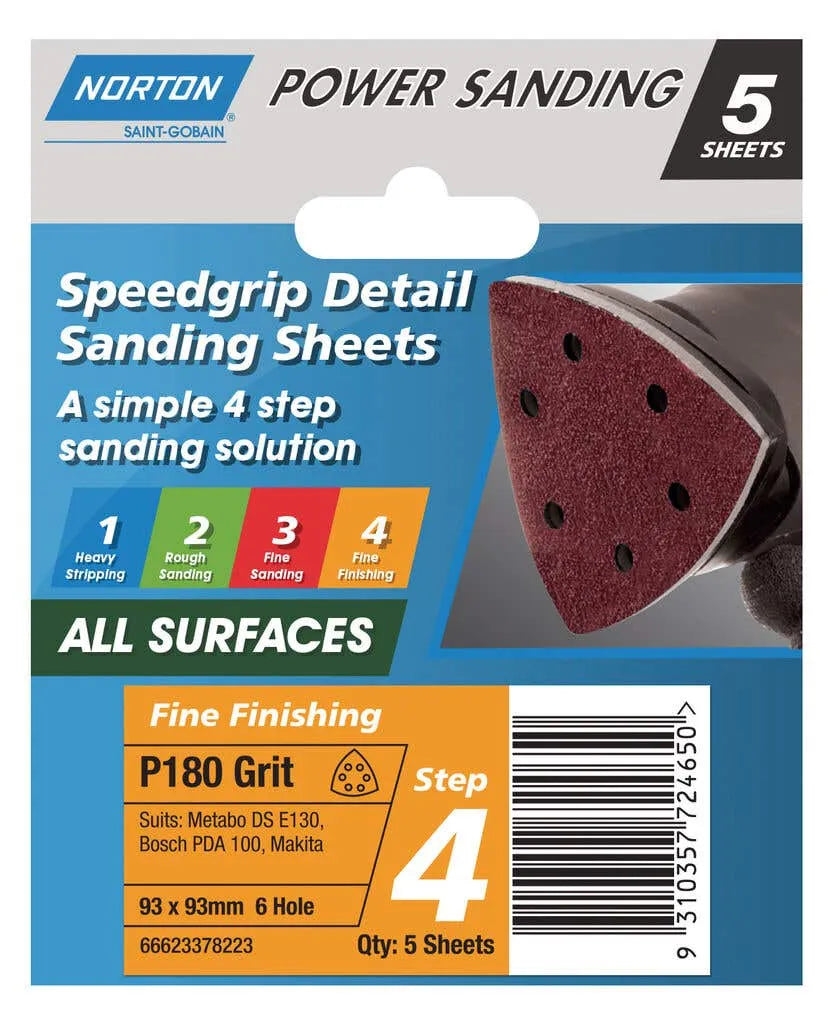 Norton Sanding Sheet 6H P180 Grit 93 x 93mm - 5 Pack