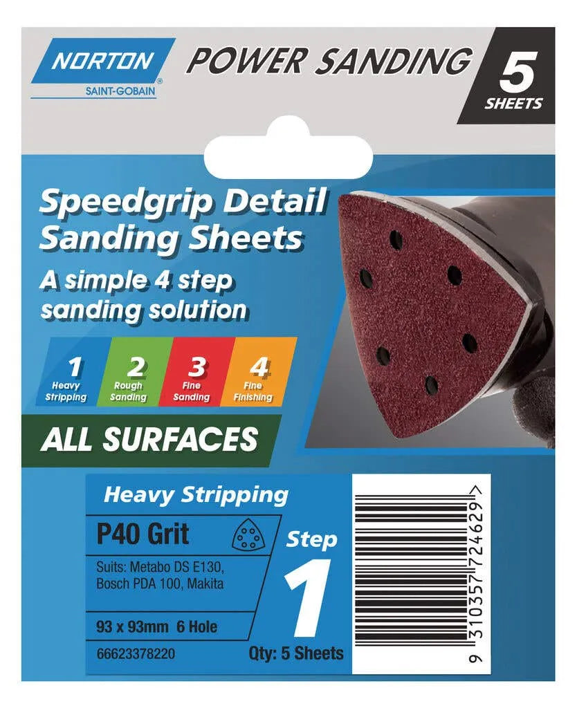 Norton Sanding Sheet 6H P40 Grit 93 x 93mm - 5 Pack