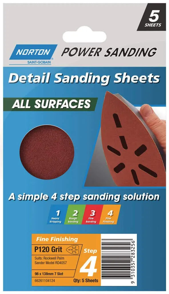 Norton Sanding Sheet P120 Grit 98 x 138mm - 5 Pack