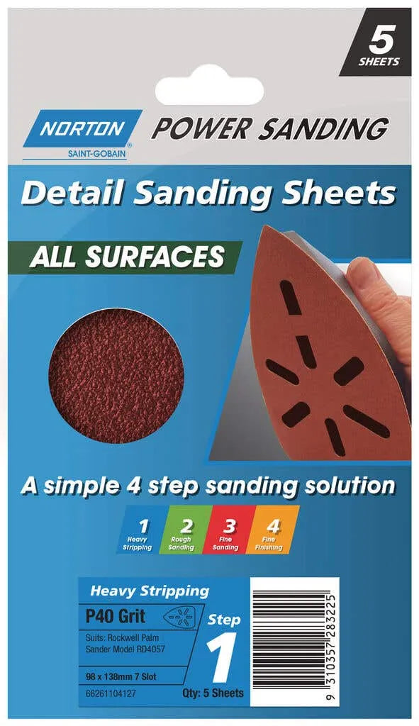 Norton Sanding Sheet P40 Grit 98 x 138mm - 5 Pack