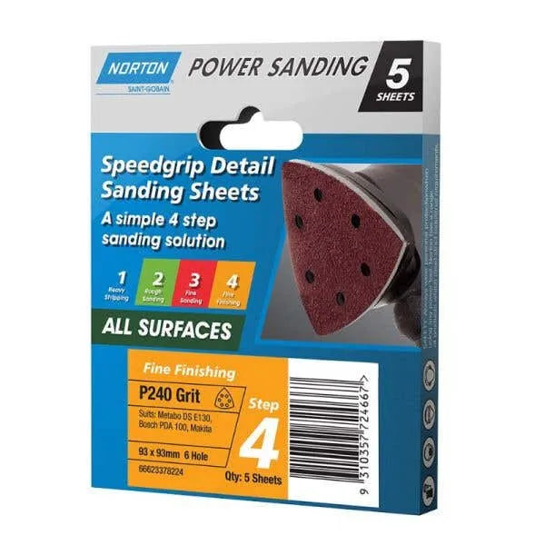 Norton Sanding Sheet Speed Grip 6H P240 Grit 93 x 93mm - 5 Pack