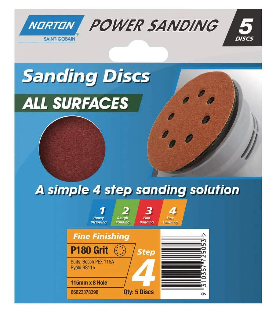 Norton Speedgrip Disc 115mm x 8H Step 4 P180 Grit - 5 Pack