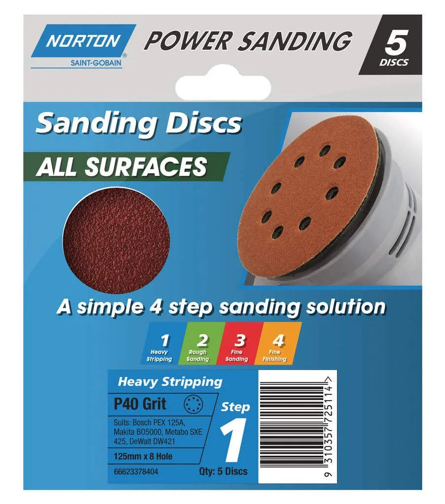 Norton Speedgrip Disc 125mm x 8H Step 1 P40 Grit - 5 Pack