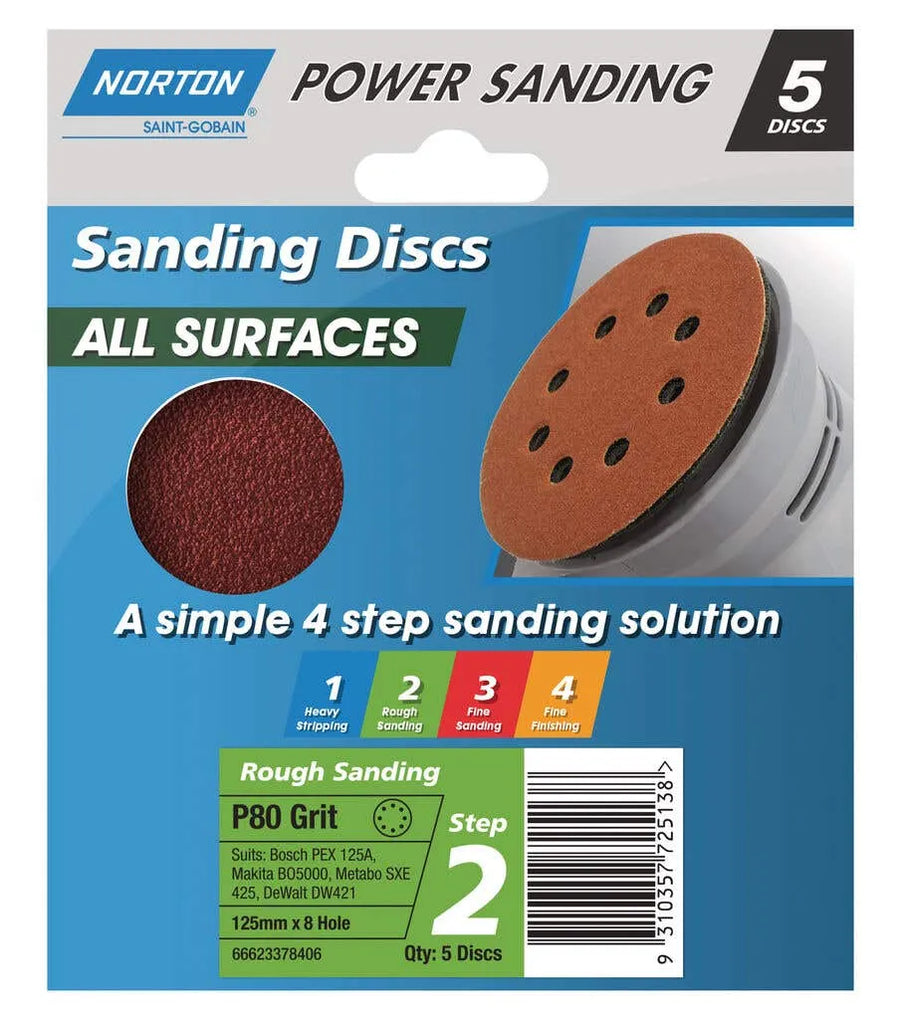 Norton Speedgrip Disc 125mm x 8H Step 2 P80 Grit - 5 Pack