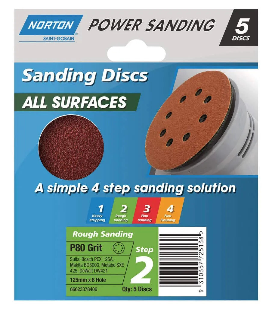 Norton Speedgrip Disc 125mm x 8H Step 2 P80 Grit - 5 Pack