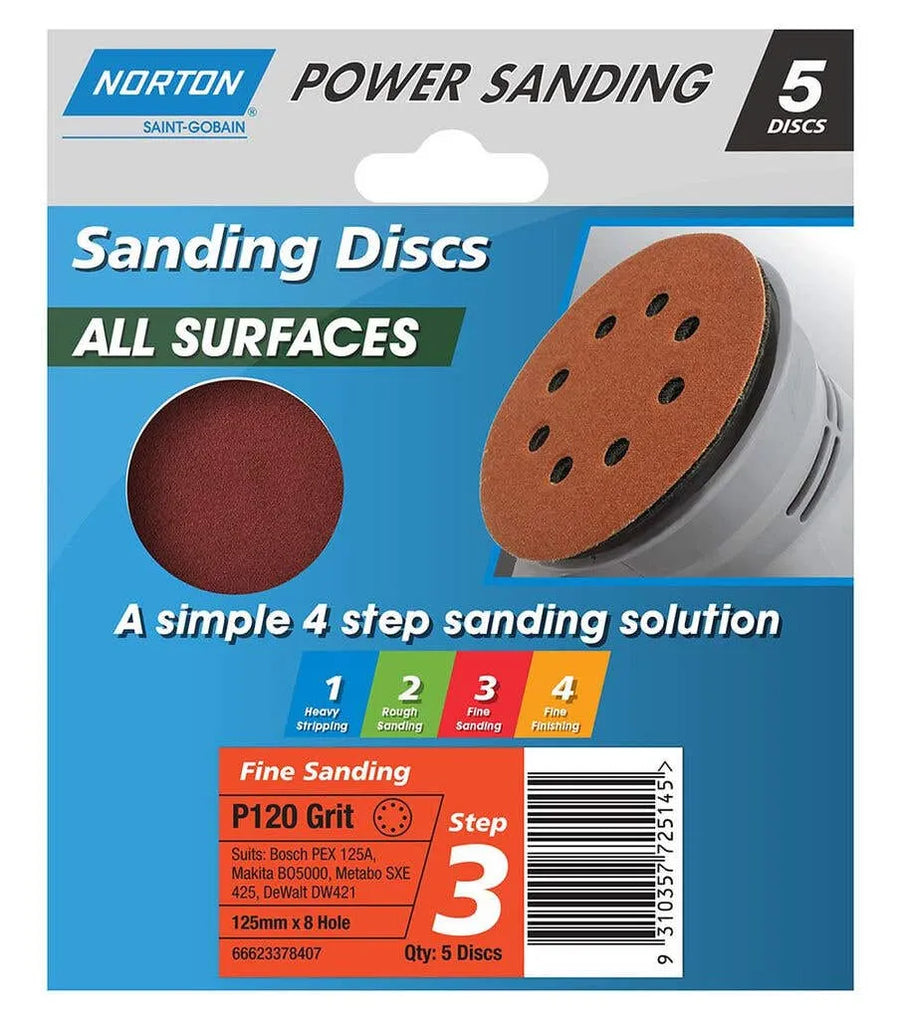 Norton Speedgrip Disc 125mm x 8H Step 3 P120 Grit - 5 Pack