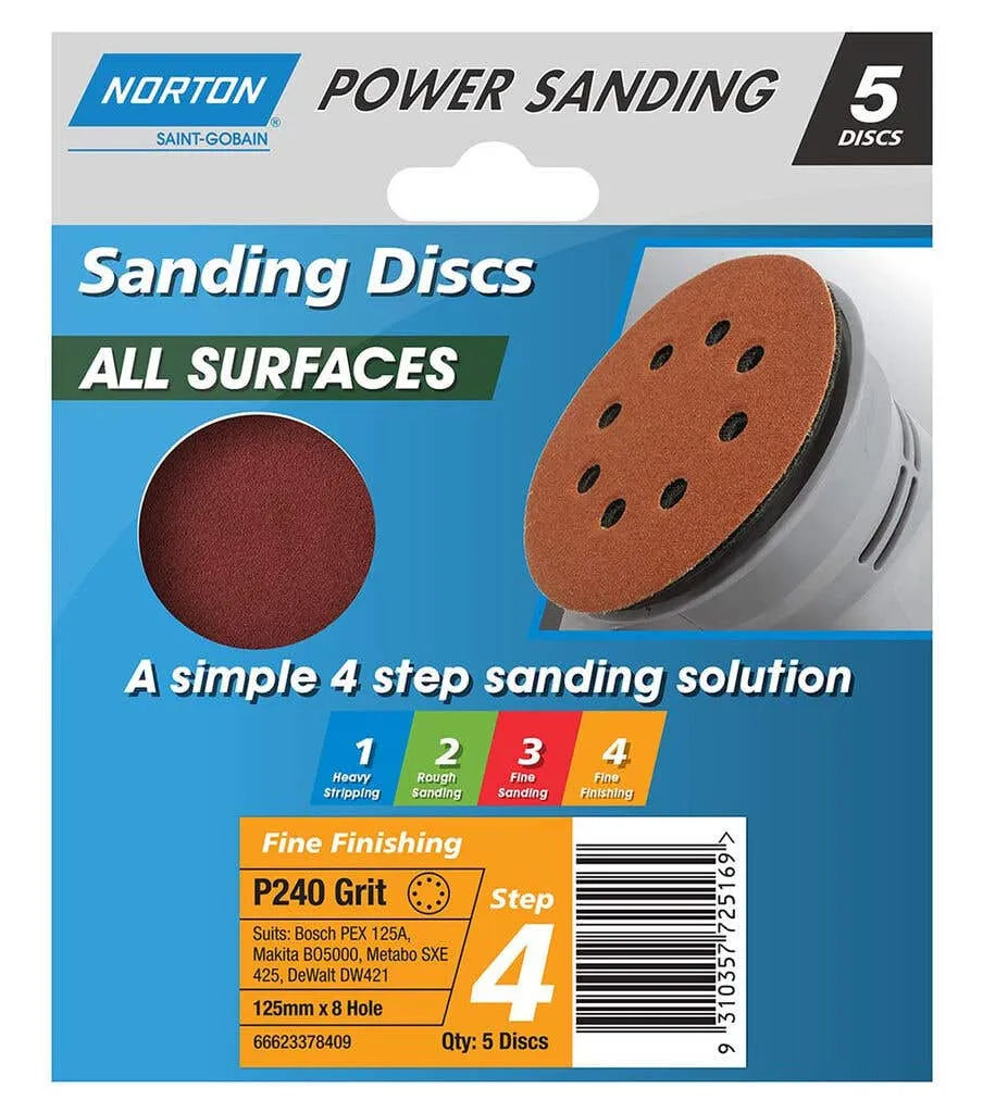Norton Speedgrip Disc 125mm x 8H Step 4 P240 Grit - 5 Pack