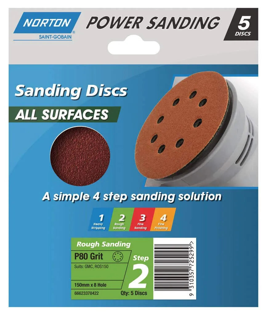 Norton Speedgrip Disc 150mm x 8H Step 2 P80 Grit - 5 Pack