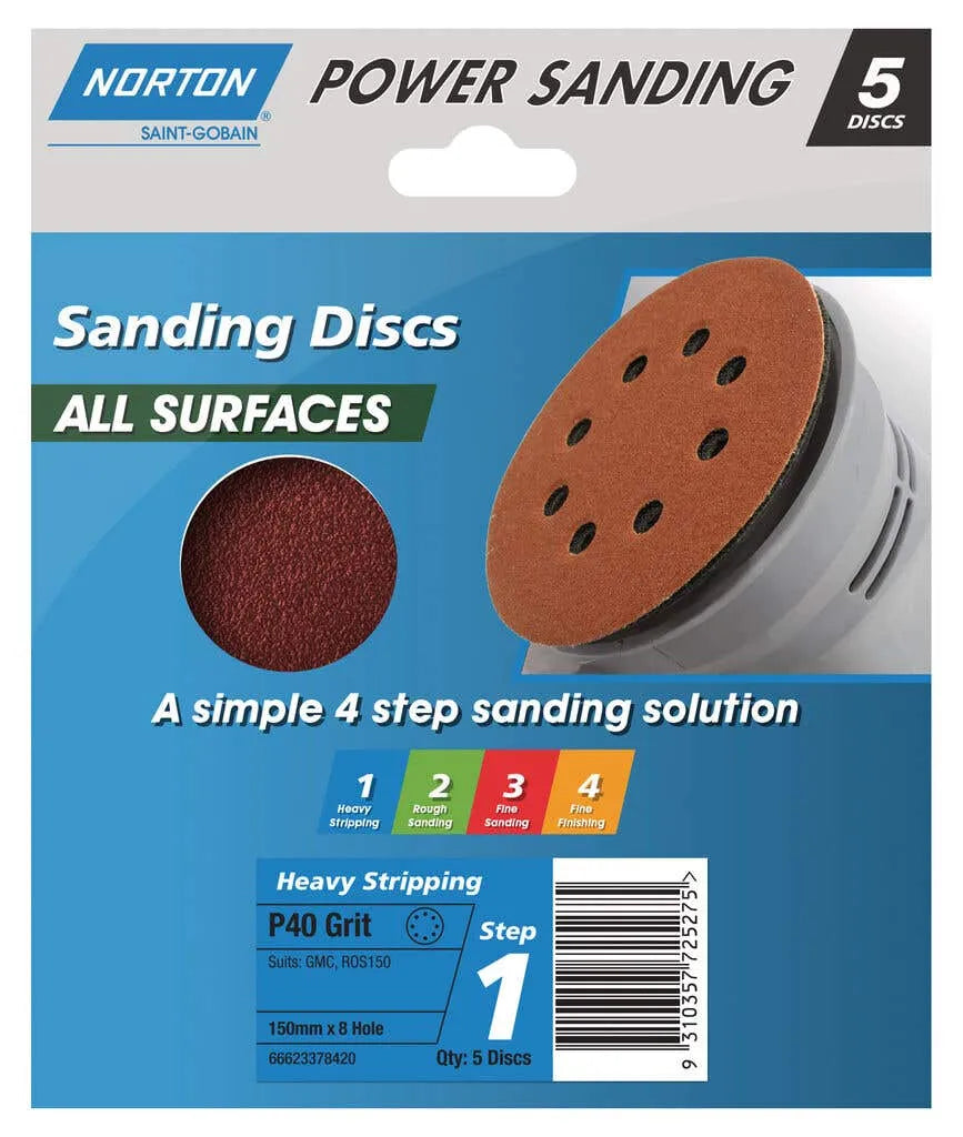 Norton Speedgrip Disc 150mm x 8h Step 1 P40 Grit - 5 Pack