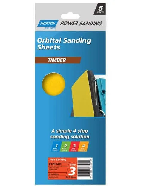 Norton Timber Orbital Sanding Sheet 115 x 280mm Step 3 P120 Grit - 5 Pack
