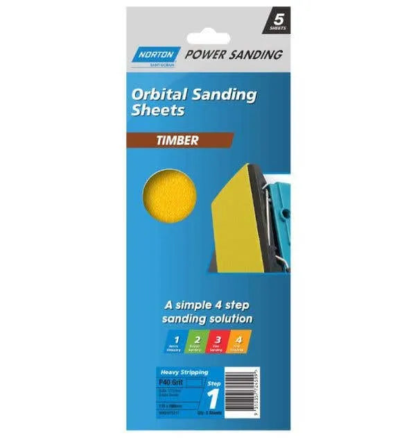Norton Timber Orbital Sanding Sheet P40 Grit 115 x 280mm - 5 Pack