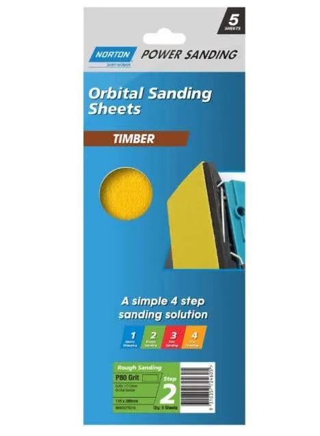 Norton Wood Orbital Sanding Sheet P80 Grit 115 x 280mm - 5 Pack