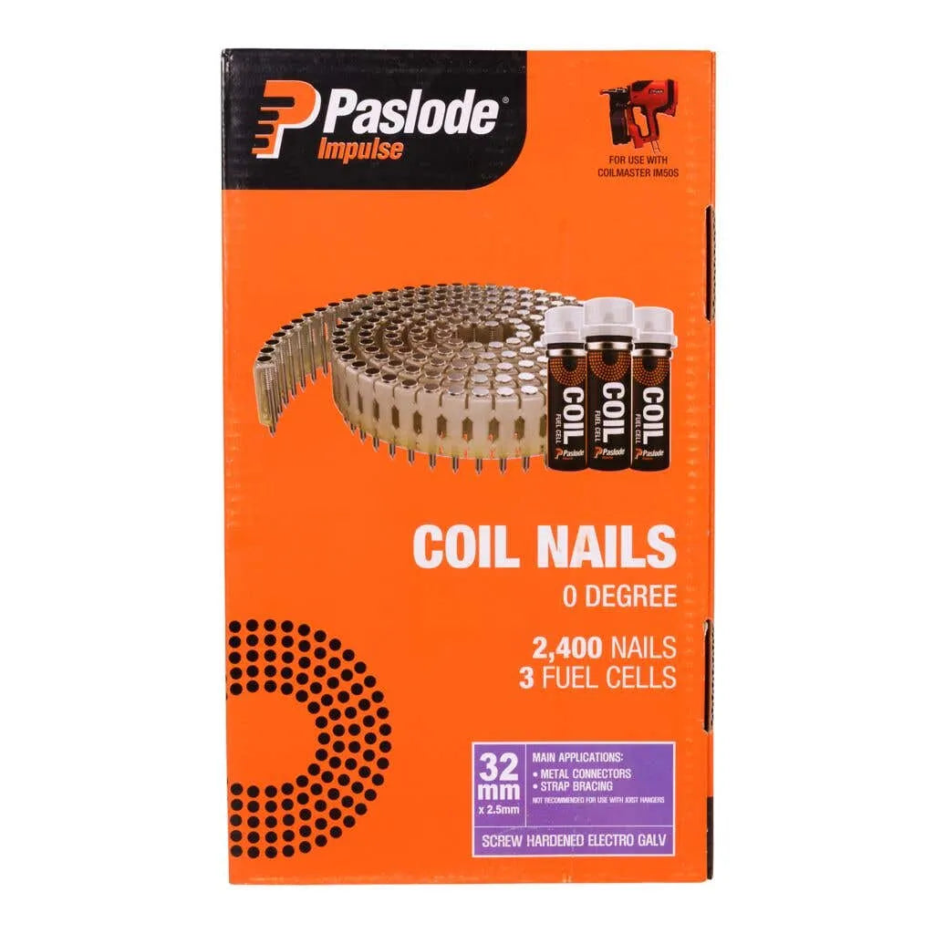 Paslode Impulse CoilMaster Nails 2.5 x 32mm - Box of 2400 + 3 Fuel Cells