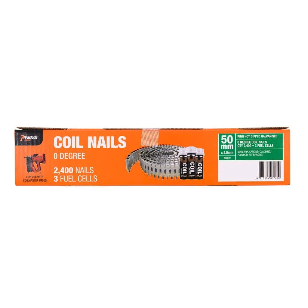 Paslode Impulse Coil Nails 50 x 2.5mm - Box of 2400 Nails + 3 Fuel Cells