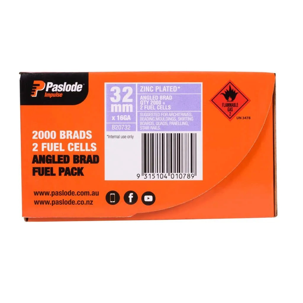Paslode Impulse PNeumatic C Brads 32 x 1.6mm 20Deg - Box of 2000 Brads + 2 Fuel Cells