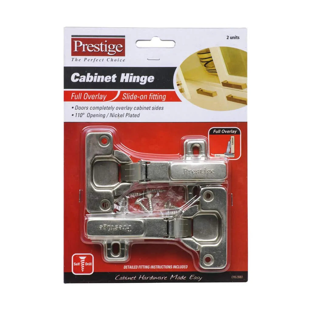 Prestige Cabinet Hinge Slide On Fitting Full Overlay Nickel Plated - 2 Pack O962880