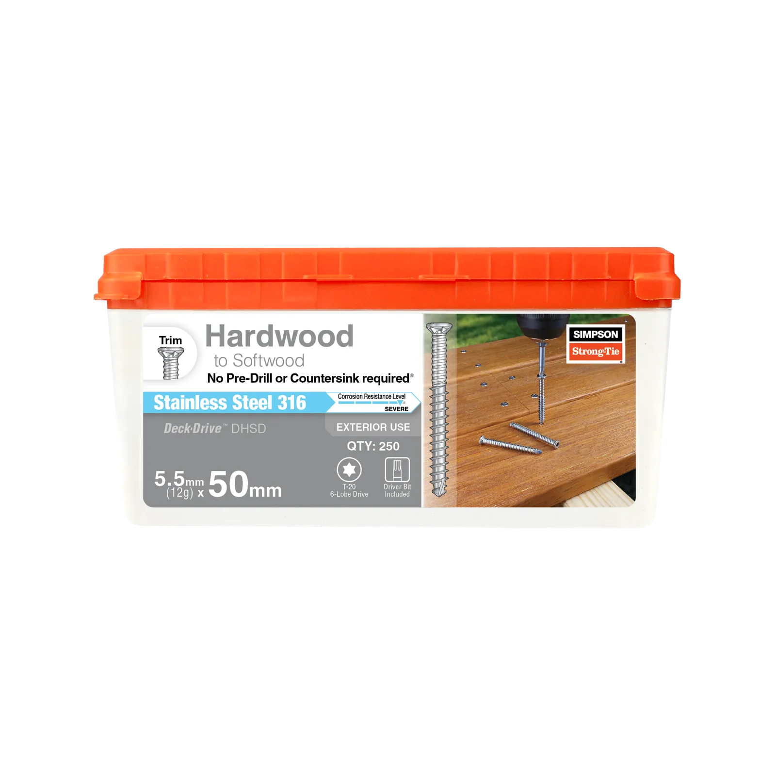 Simpson Strong-Tie 12G (5.5mm) x 50mm 316 Stainless Steel DHSD No-PreDrill Hardwood to Softwood Deck