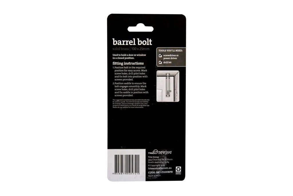 Trio Barrel Bolt Polished Brass 25 x 100mm