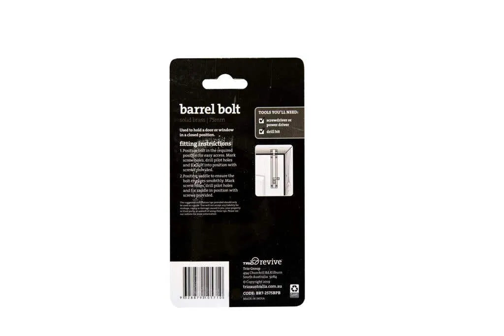 Trio Barrel Bolt Polished Brass 25 x 75mm