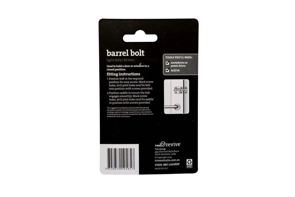 Trio Light Duty Barrel Bolt Zinc Plated 63mm