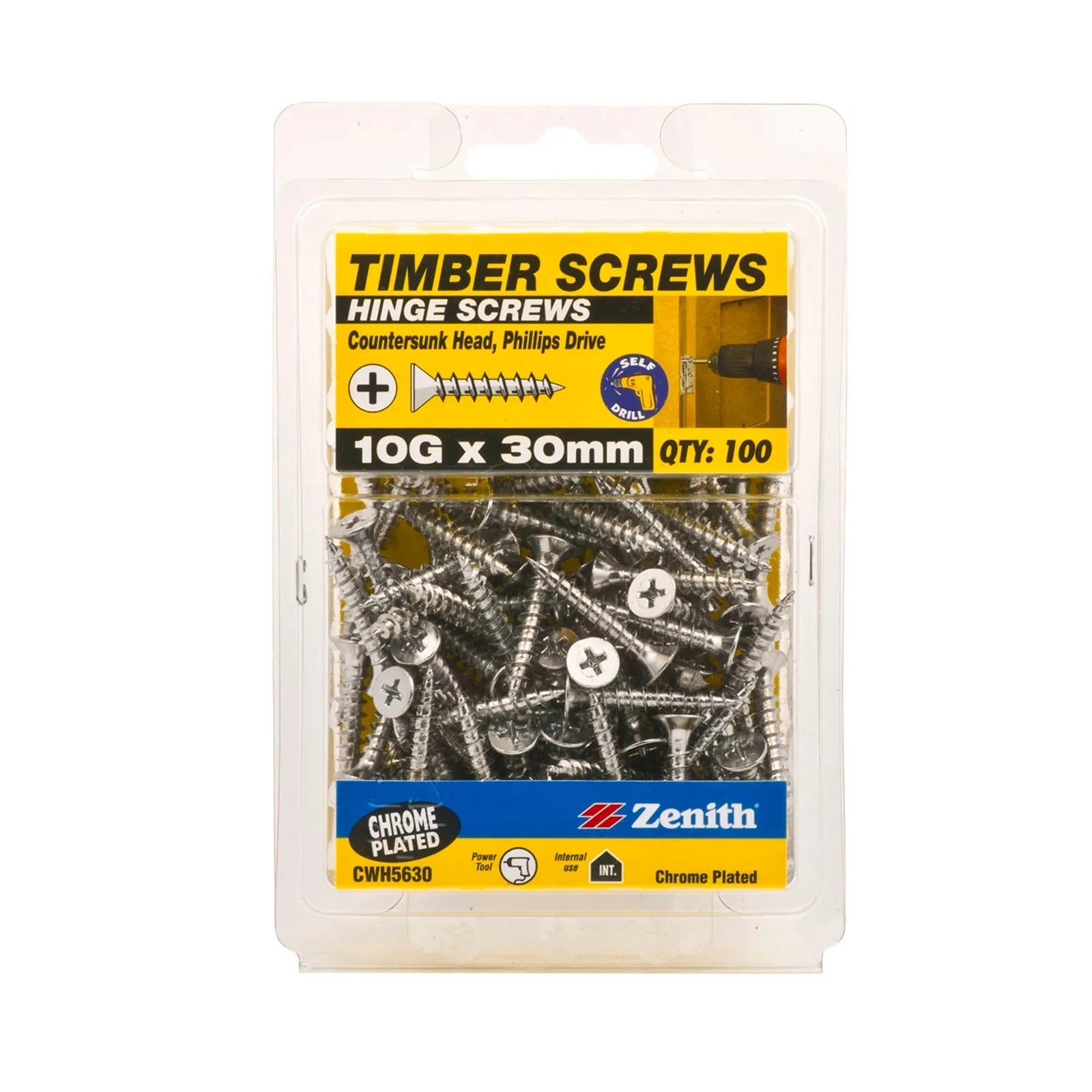 Zenith 10g x 30mm Chrome Plated Countersunk Head Hinge Timber Screw - 100 Pack