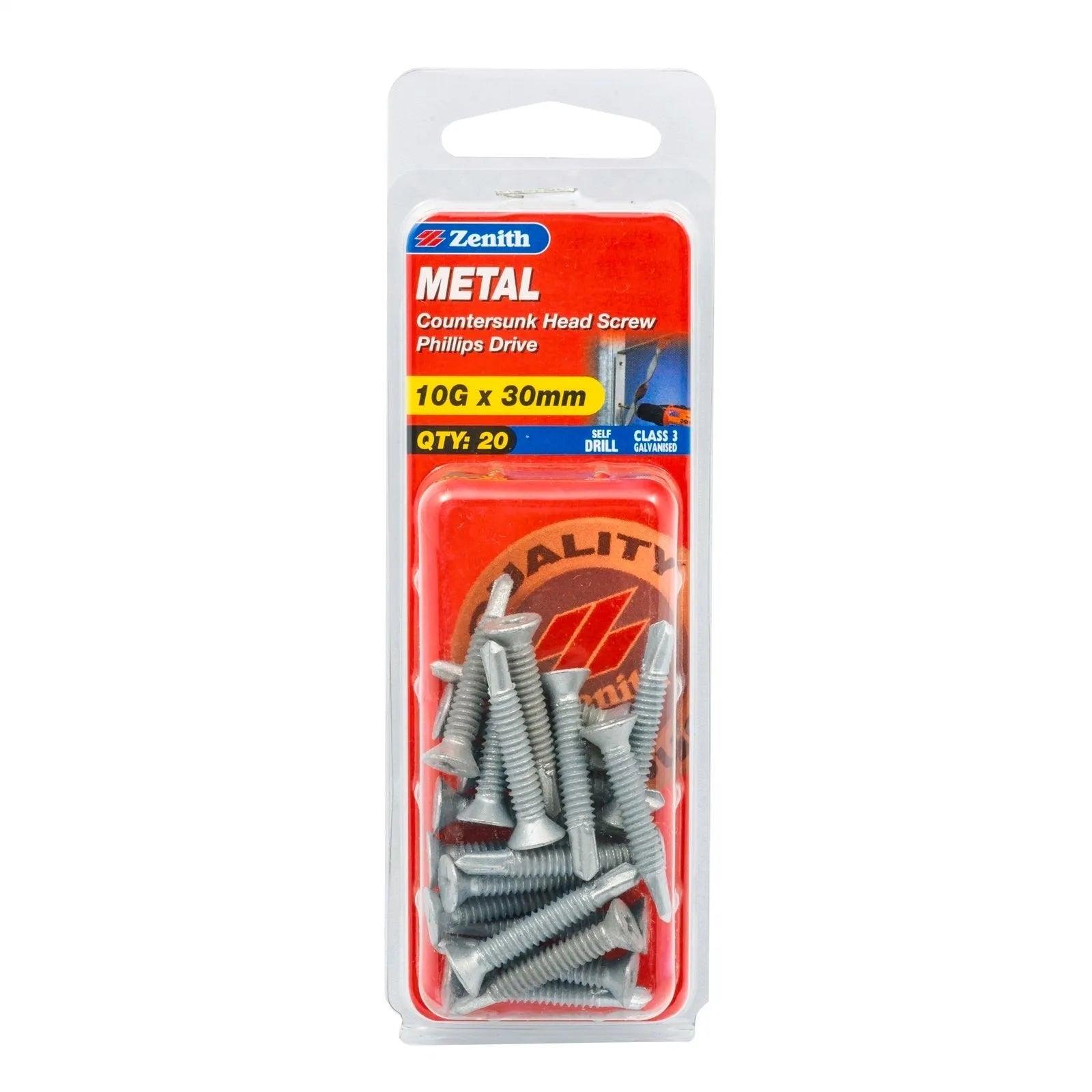 Zenith 10g x 30mm Galv Countersunk Head Metal Screws - 20 Pack