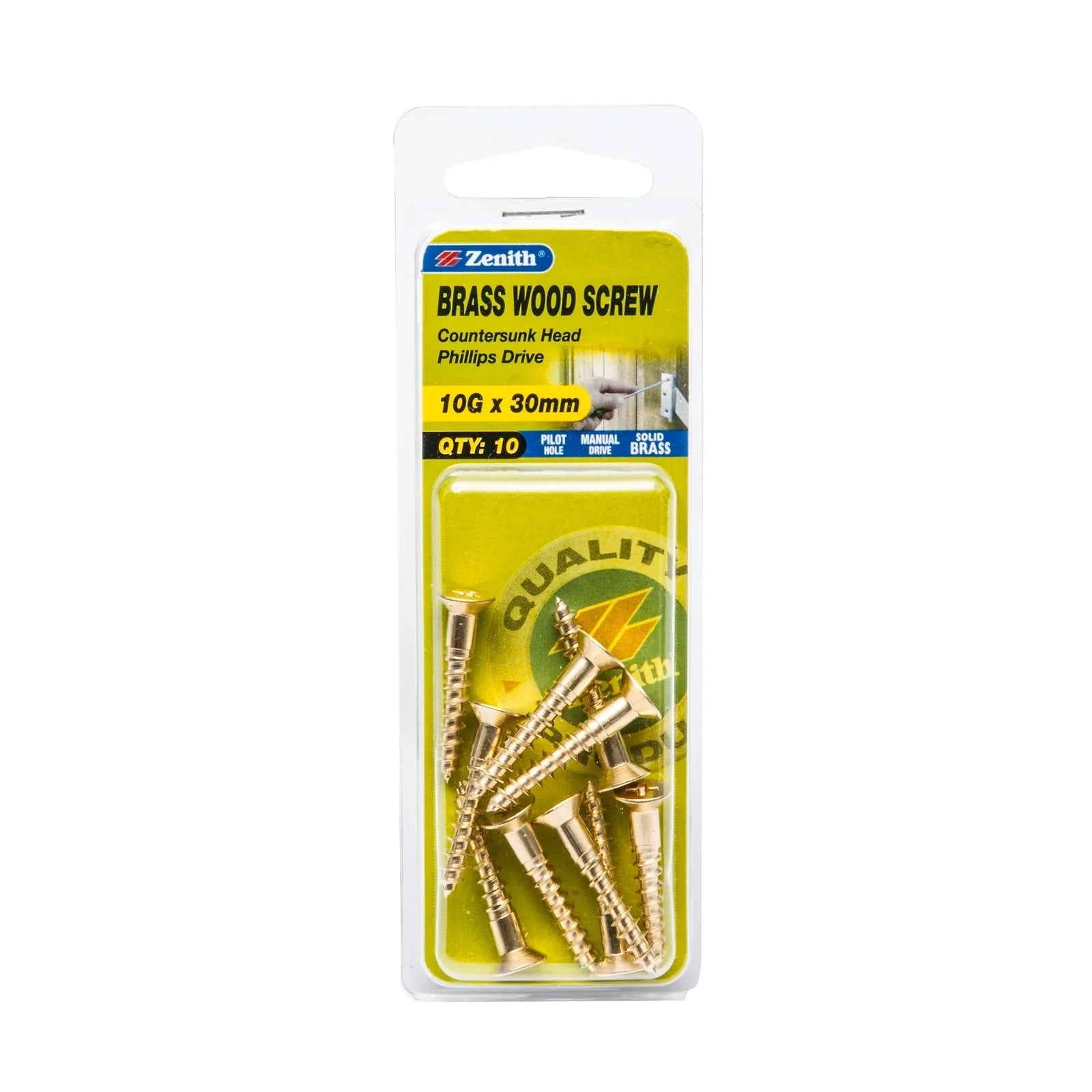 Zenith 10g x 30mm Solid Brass Countersunk Head Wood Screws - 10 Pack