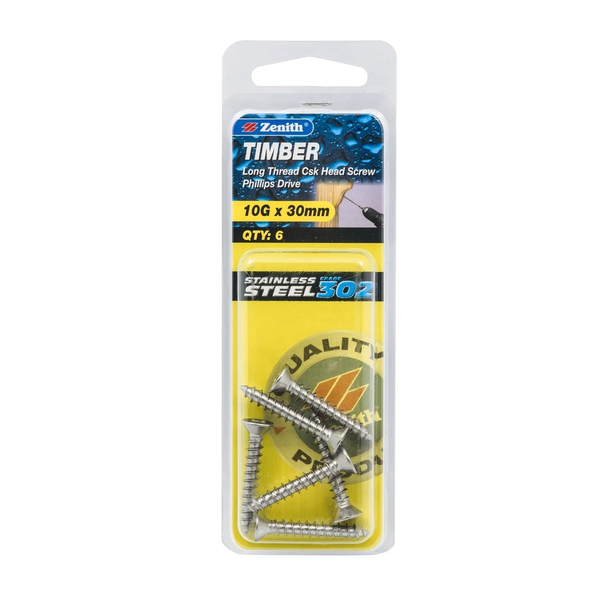 Zenith 10g x 30mm Stainless Steel Long Thread Countersunk Head Timber Screws - 6 Pack