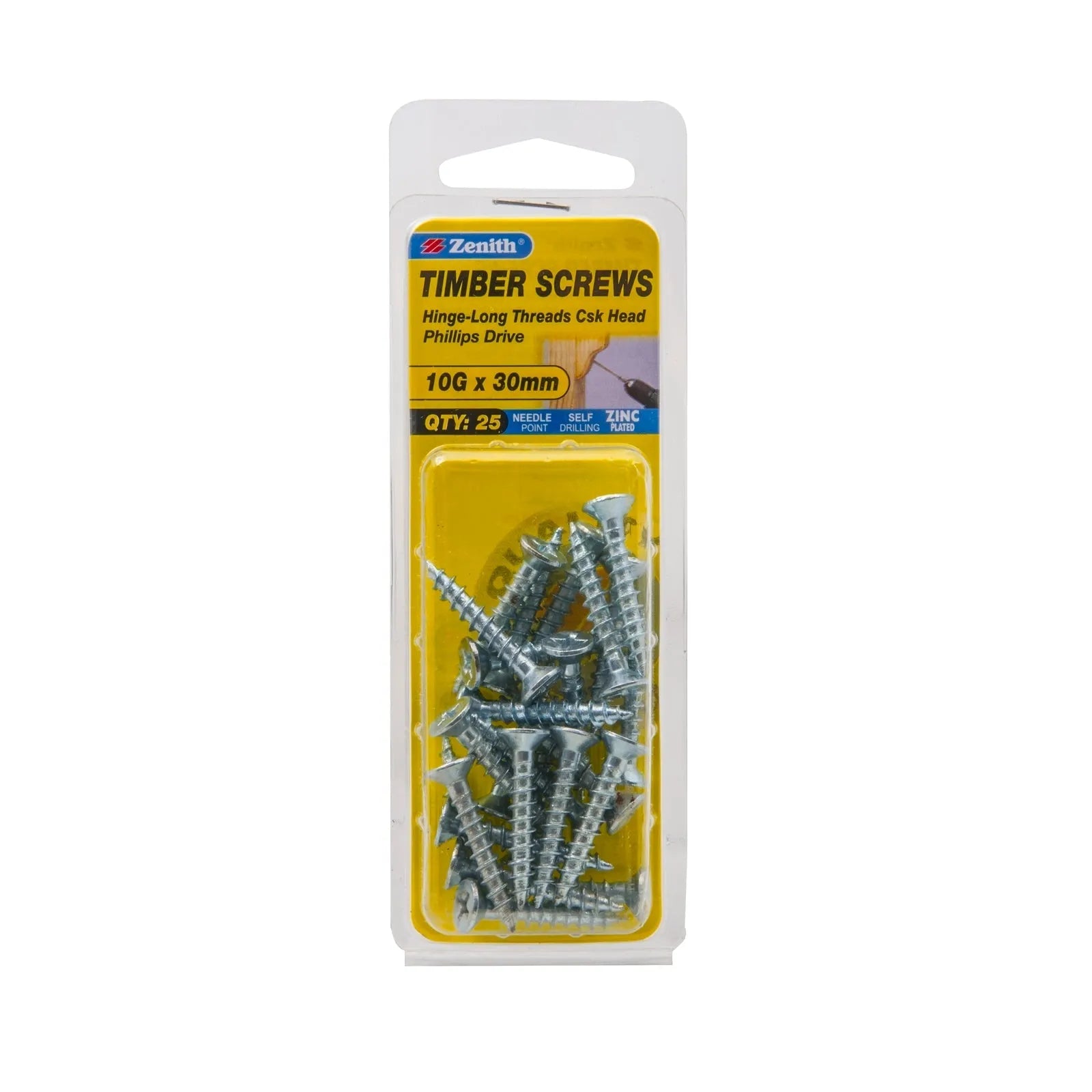 Zenith 10g x 30mm ZP Hinge-Long Threads Countersunk Timber Screws - 25 Pack