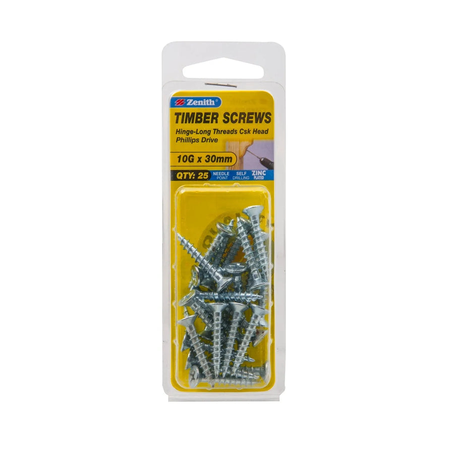 Zenith 10g x 30mm ZP Hinge-Long Threads Countersunk Timber Screws - 25 Pack