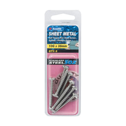 Zenith 10g x 38mm Stainless Steel Self Tapper Pan Head Sheet Metal Screws - 8 Pack