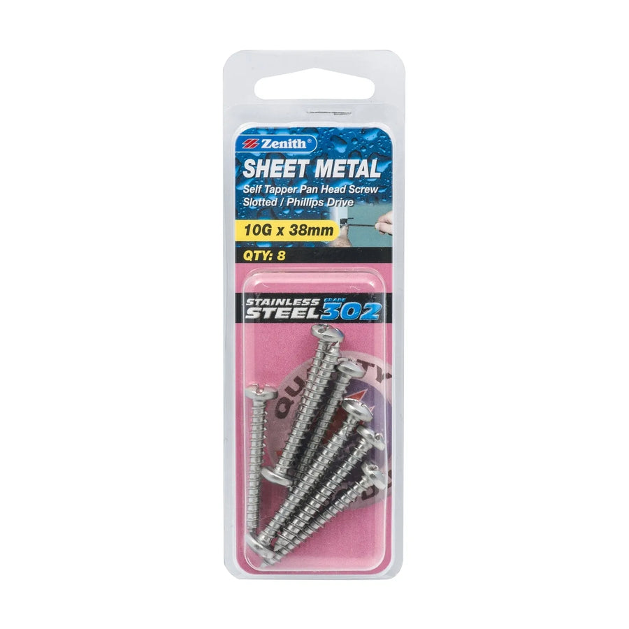 Zenith 10g x 38mm Stainless Steel Self Tapper Pan Head Sheet Metal Screws - 8 Pack