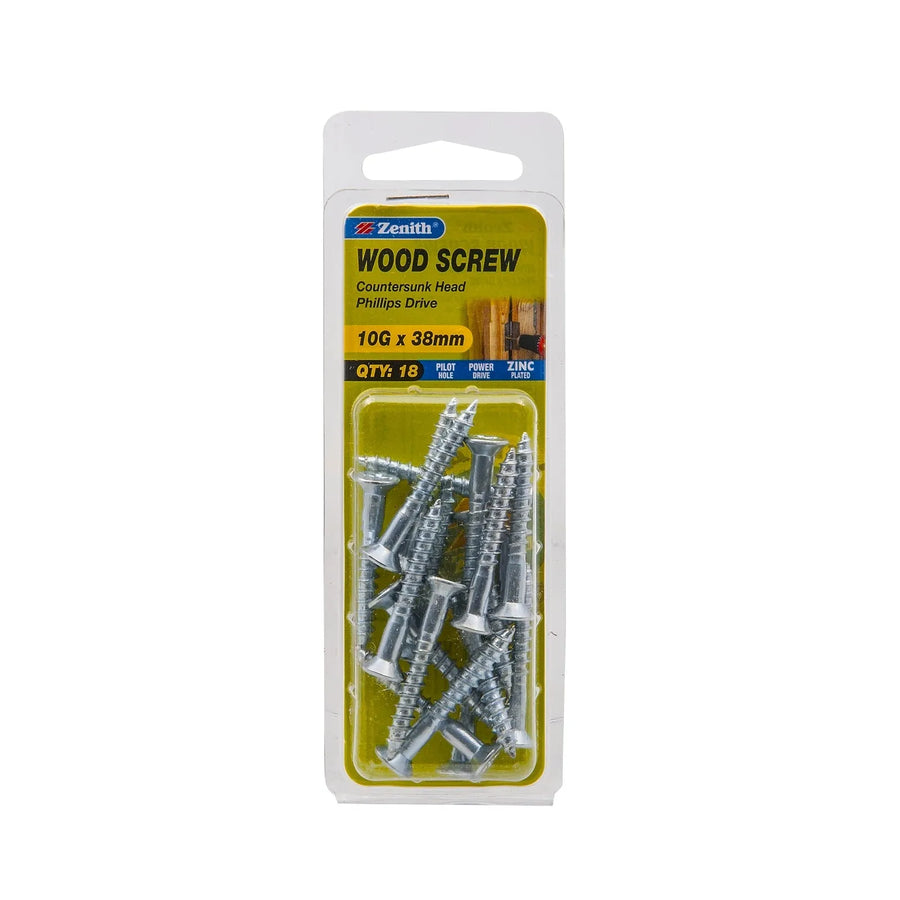 Zenith 10g x 38mm ZP Countersunk Head Wood Screws - 18 Pack