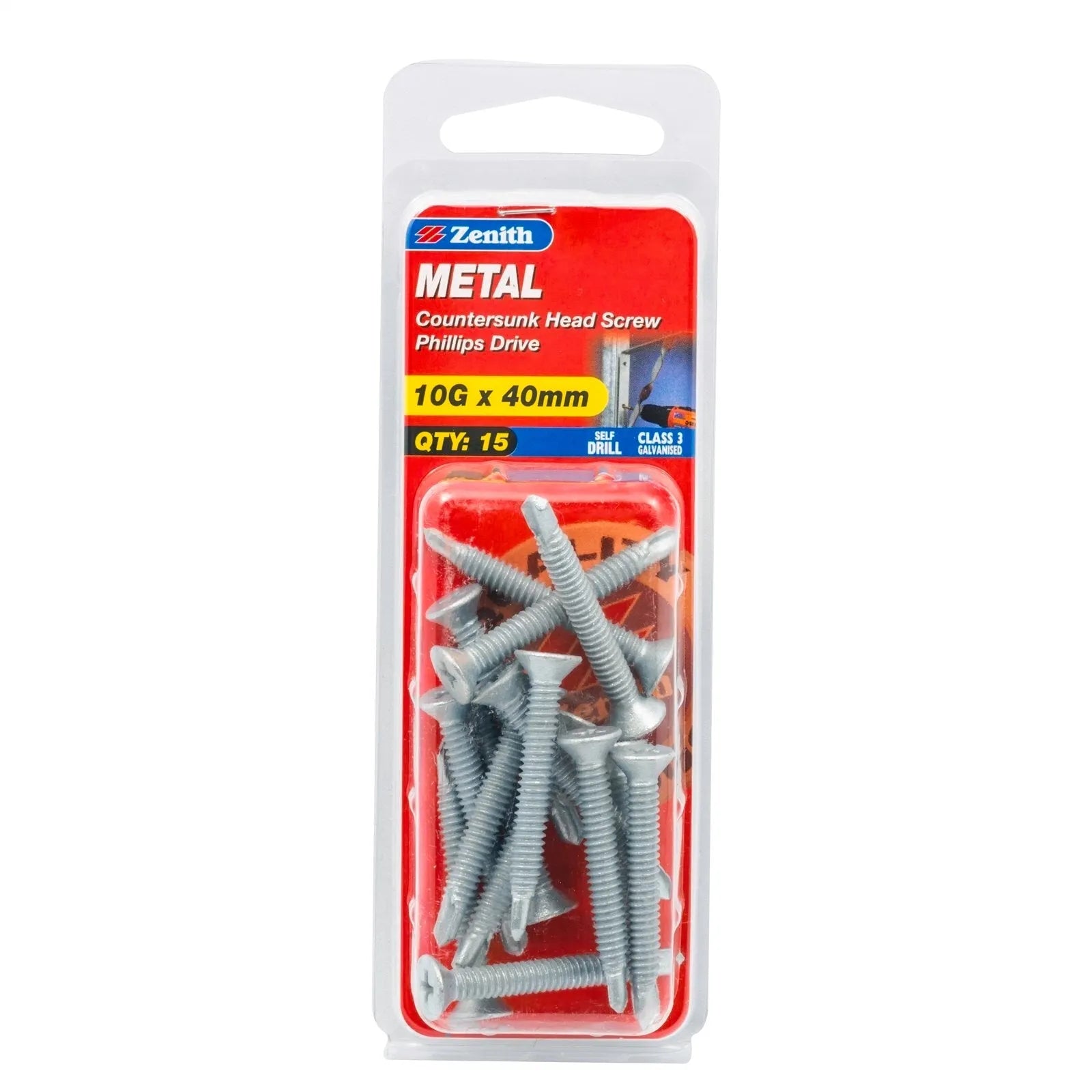 Zenith 10g x 40mm Galv Countersunk Head Metal Screws - 15 Pack