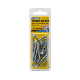Zenith 10g x 40mm ZP Hinge-Long Threads Countersunk Head Timber Screws - 22 Pack
