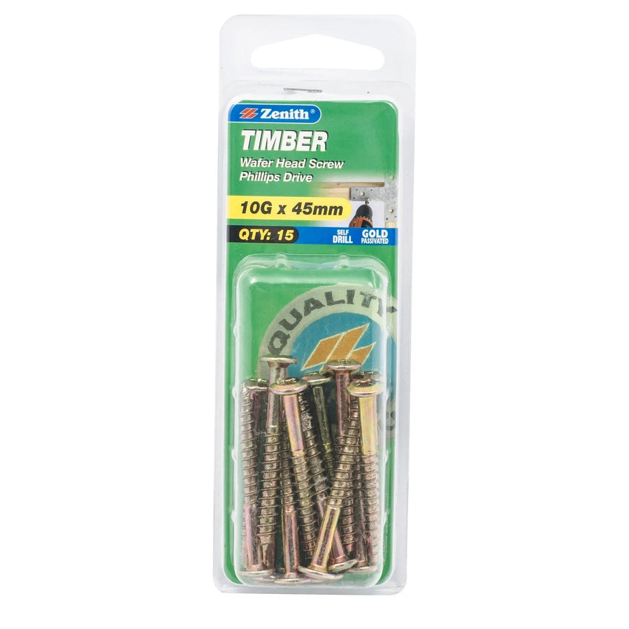 Zenith 10g x 45mm Gold Passivated Wafer Head Timber Screws - 15 Pack